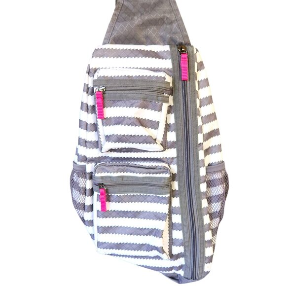 Thirty One Sling Bag  Adjustable Backpack Gray & White Stripe Pink Lining - Picture 2 of 13